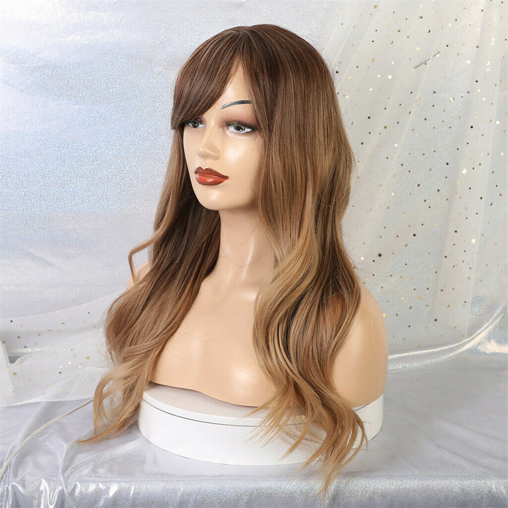 24 inch Women Ombre Brown Synthetic Long Wavy Straight Hair Wigs with Bangs
