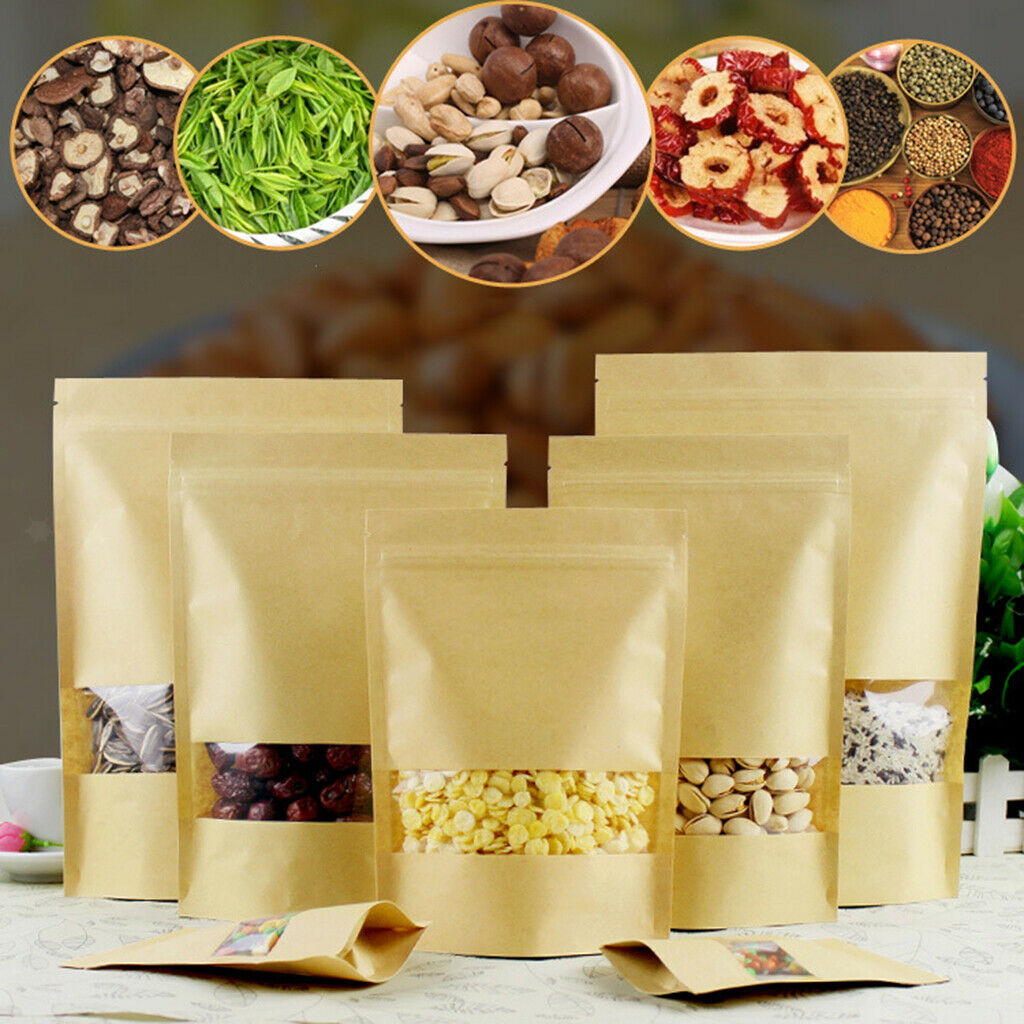 100x Kraft Paper Bags Standing Zipper Food Pouch