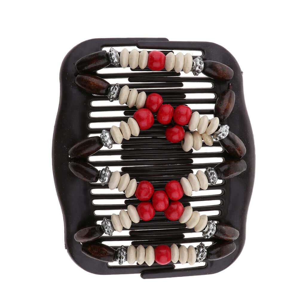Wooden Beads Double Hair Comb Clip Red