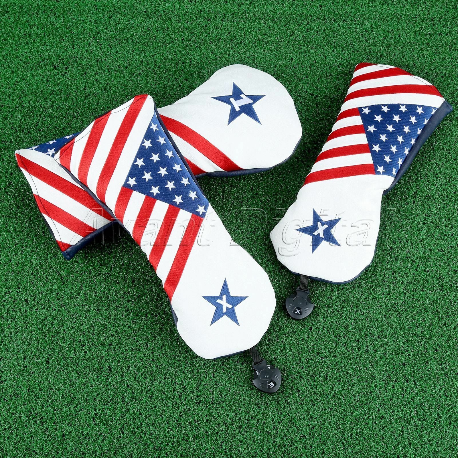 3Piece Golf Putter Iron Headcover Mallet PU Leather American Flag Protector