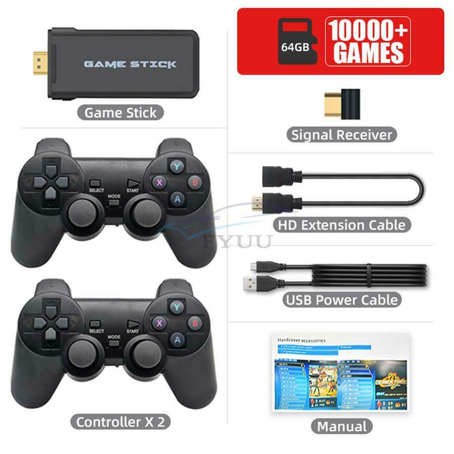 Mini 4K - TV Game Stick 64GB Card 10000+ Retro Classic Game Console Handle