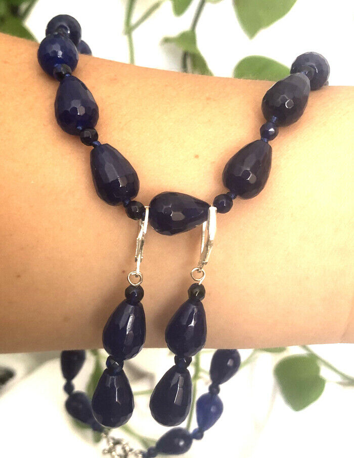 New10x14mm Water Drop Faceted Blue Sapphire Beaded Necklace and Earring Set A+