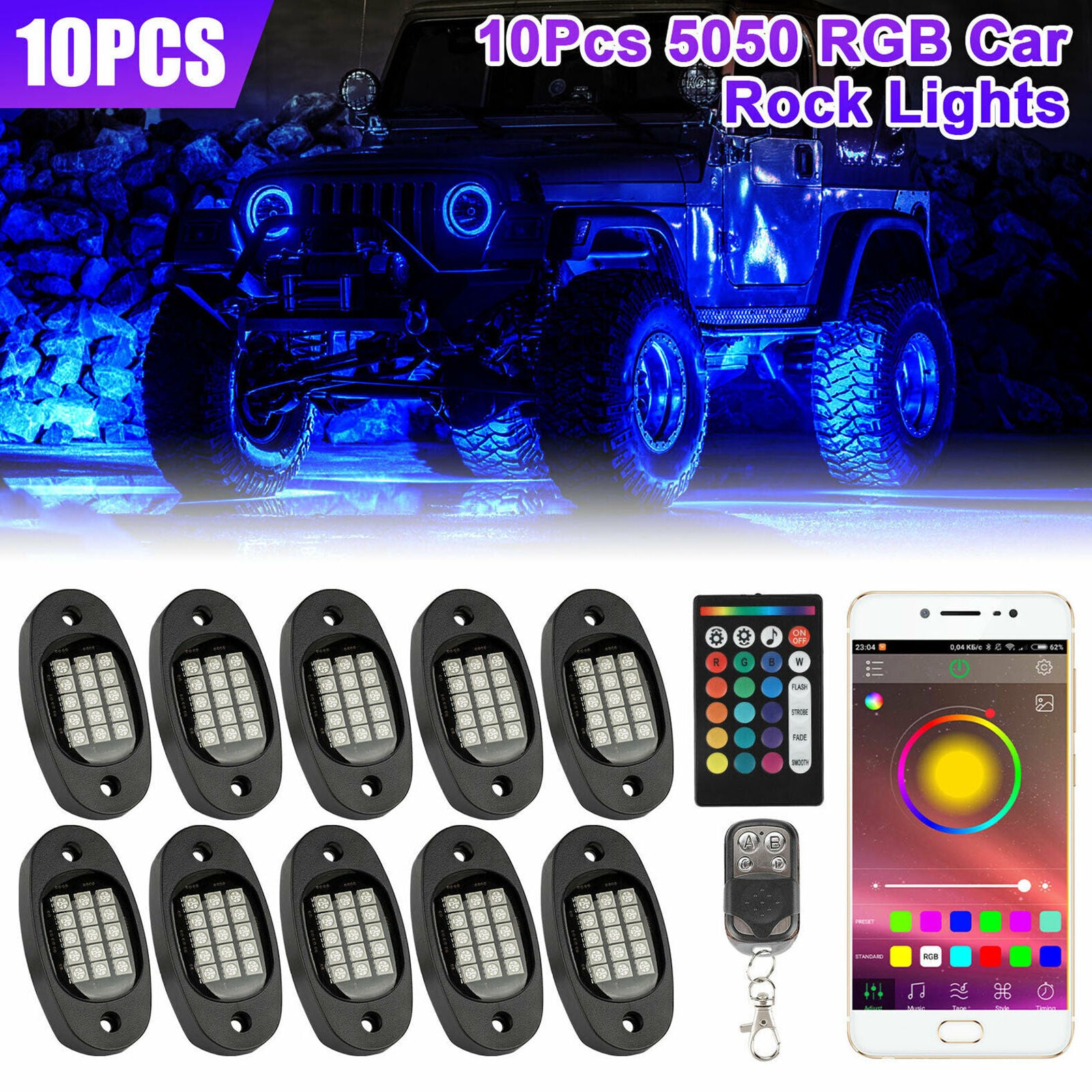 10 Pods RGB LED Rock Lights Offroad Kit Underbody Neon Music Light Bluetooth APP