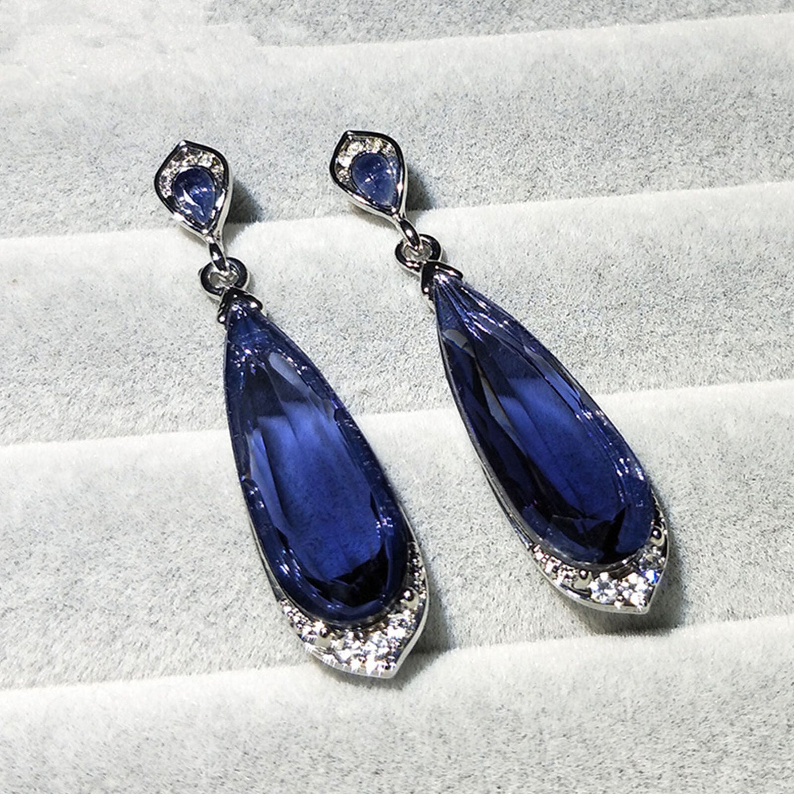 Women 925 Sliver Sapphire Ear Stud Drop Dangle Earrings Wedding Bridal Jewelry