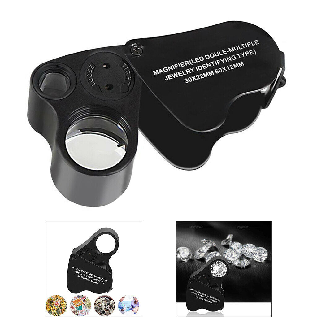 30X 60X Handheld Pocket Jewelers Loop Eye Glass Magnifier Loupe 2 LED Light