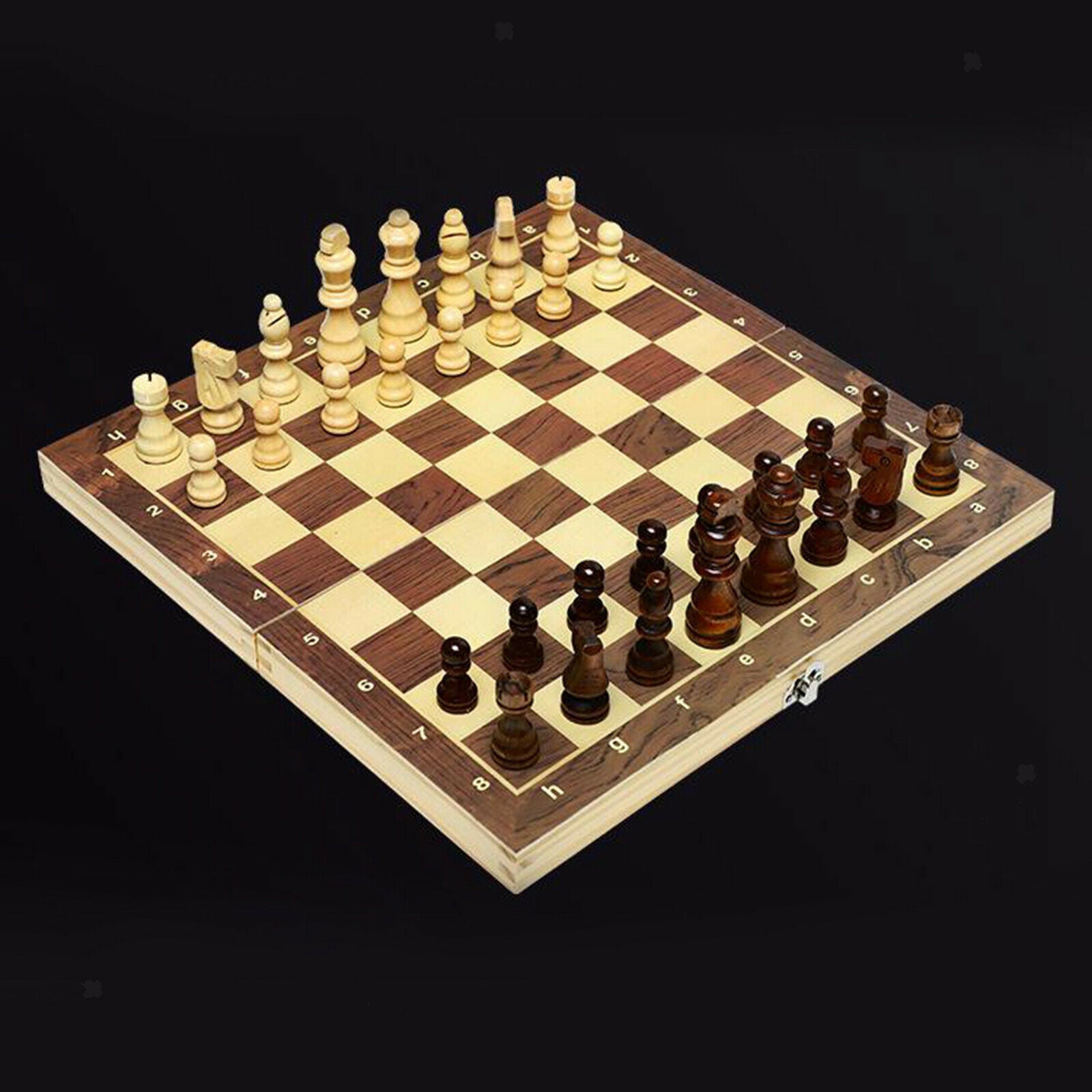 Travel Folding Magnetic Wooden Chess Kit 34cm Chessboard w/ Extra 2 Queens