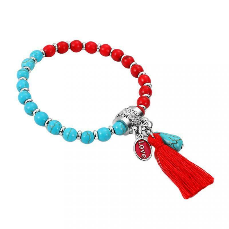 Unique Women's Beaded Bracelet Love Charm Joint Beads Tassel Bracelet Red+Blue