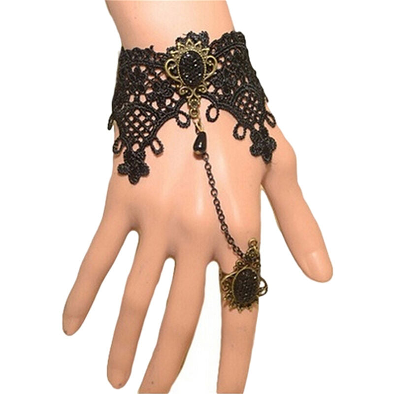 Lady Sexy Black Lace Gothic Ring Wrist Bracelet Bangle Handlace Wrist CollaHFDD