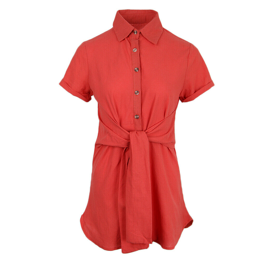 Women Summer Short Sleeve Solid Button Down Shirt Midi Dress Top S Red