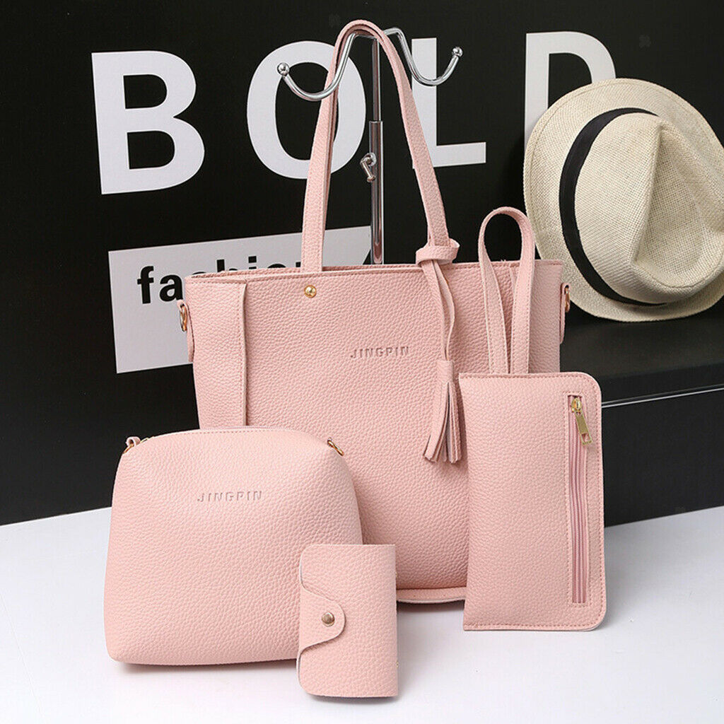 4PCS Women PU Leather Handbag Shoulder Bags Tote Purse Satchel Bag Set Pink