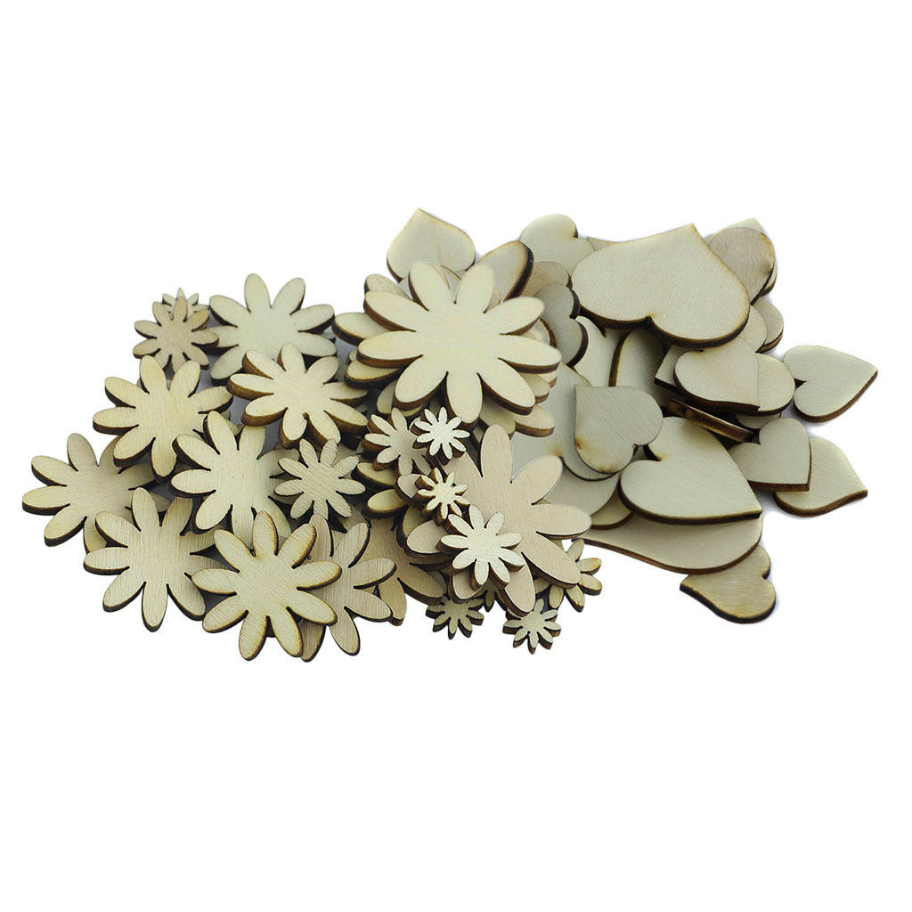 100pcs Natural Unfinished Wood Flower Heart Embellishments for DIY Crafts