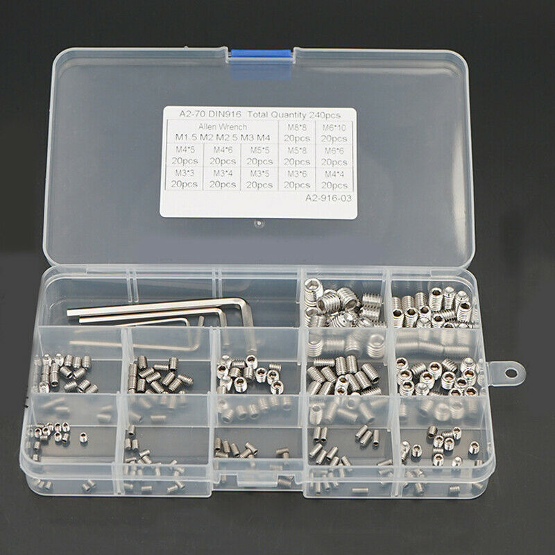 240pcs M3 M4 M5 M6M8 Stainless Steel Allen Head Socket Hex Grub Screw Wrench Set