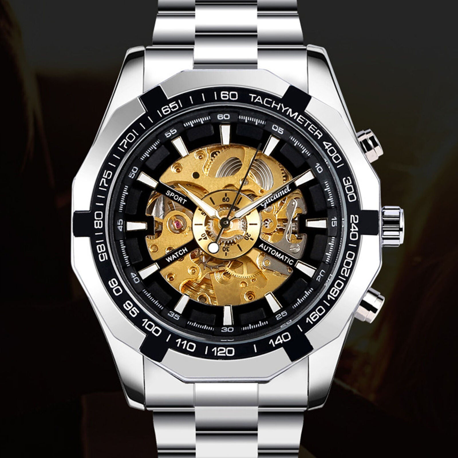 Men's Stainless Steel Band Skeleton Dial Automatic Mechanical Watch Wrist Watch