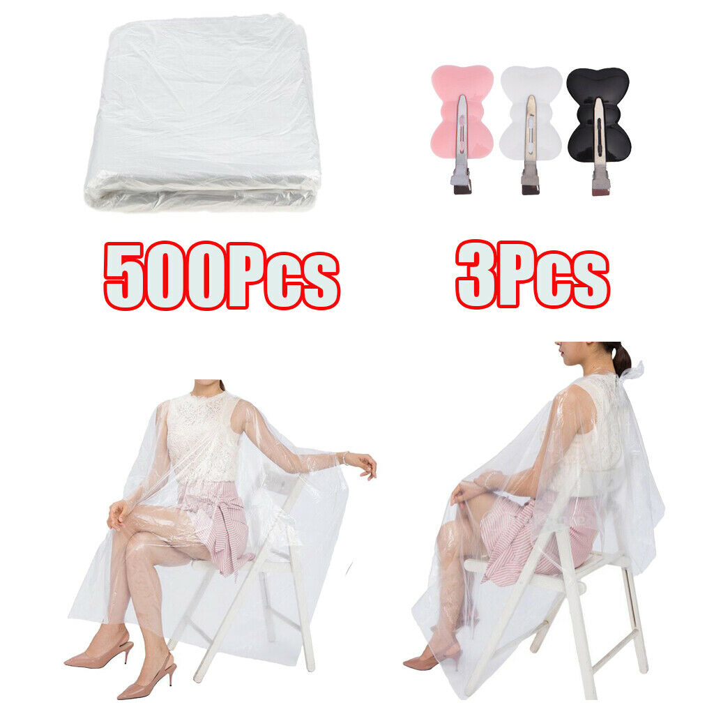 500-piece 25x33 in. Clear Disposable Hair Cutting Capes & 3xClips Salon Gown