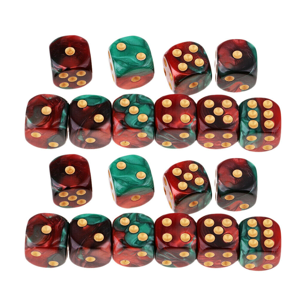 Set of 20, 6 Sided 16mm Gaming Dice Set Red and Green with Golden Pips
