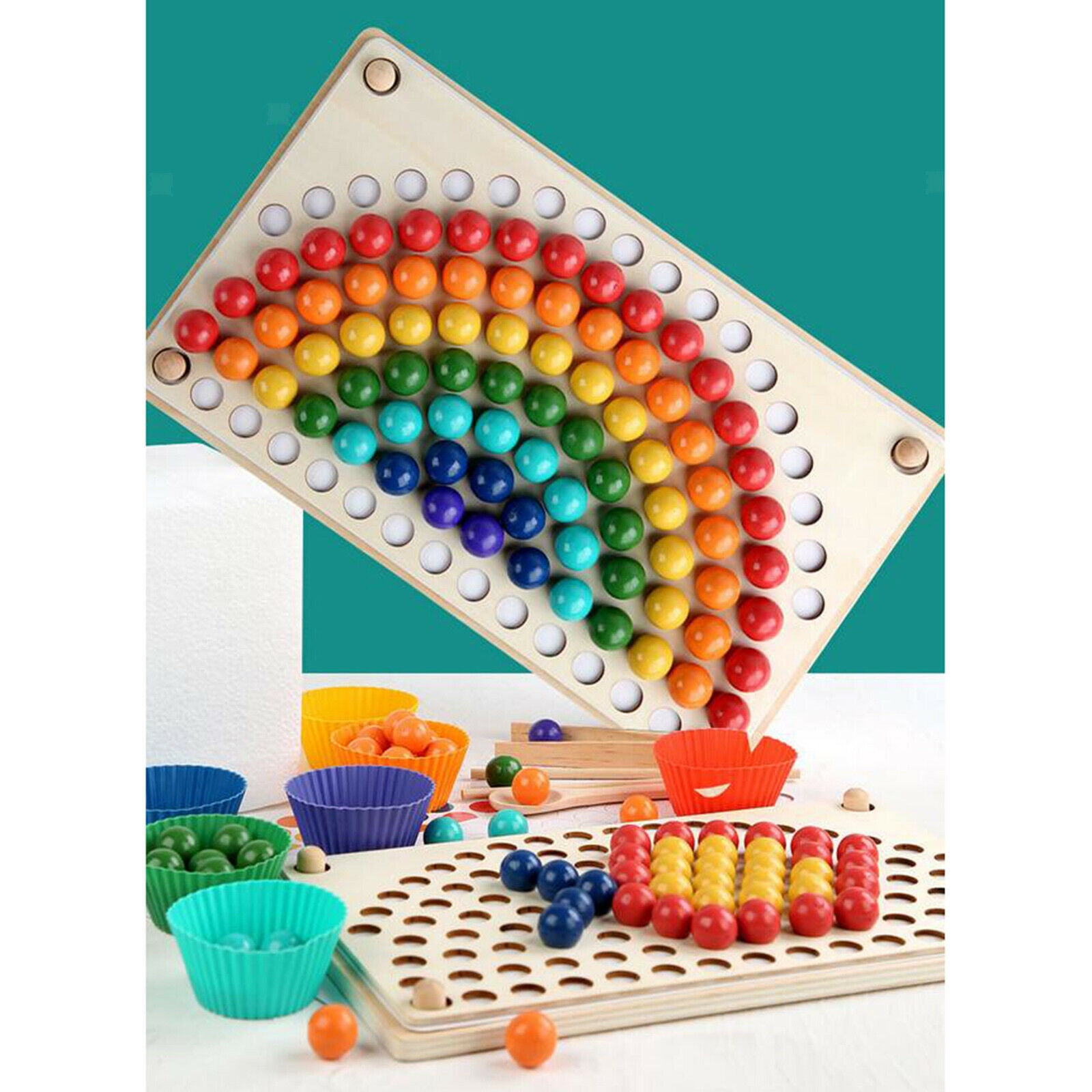 Rainbow Wooden Board Beads Game Puzzle Color Matching Toys for Toddlers