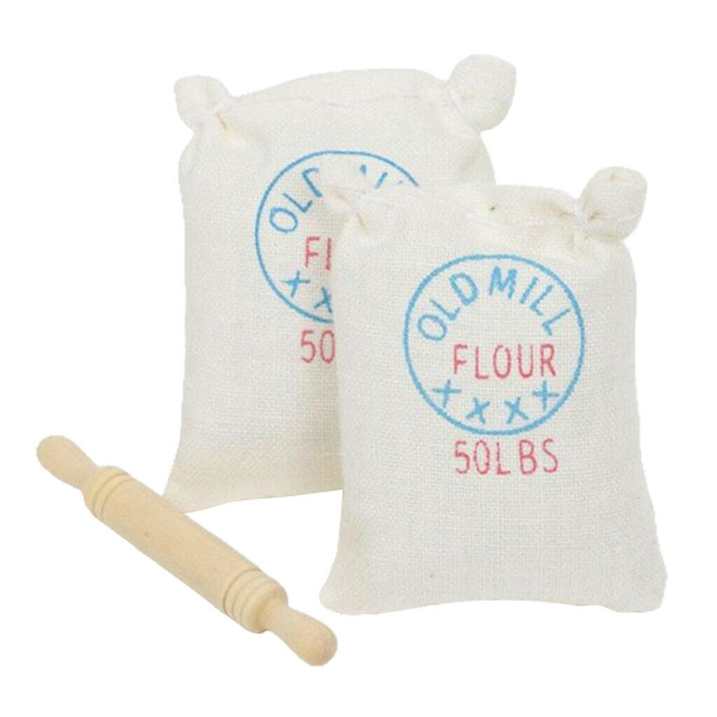 1/12 Simulation Two Bags Flour Sack Rolling Pin Kitchen Room Ornaments