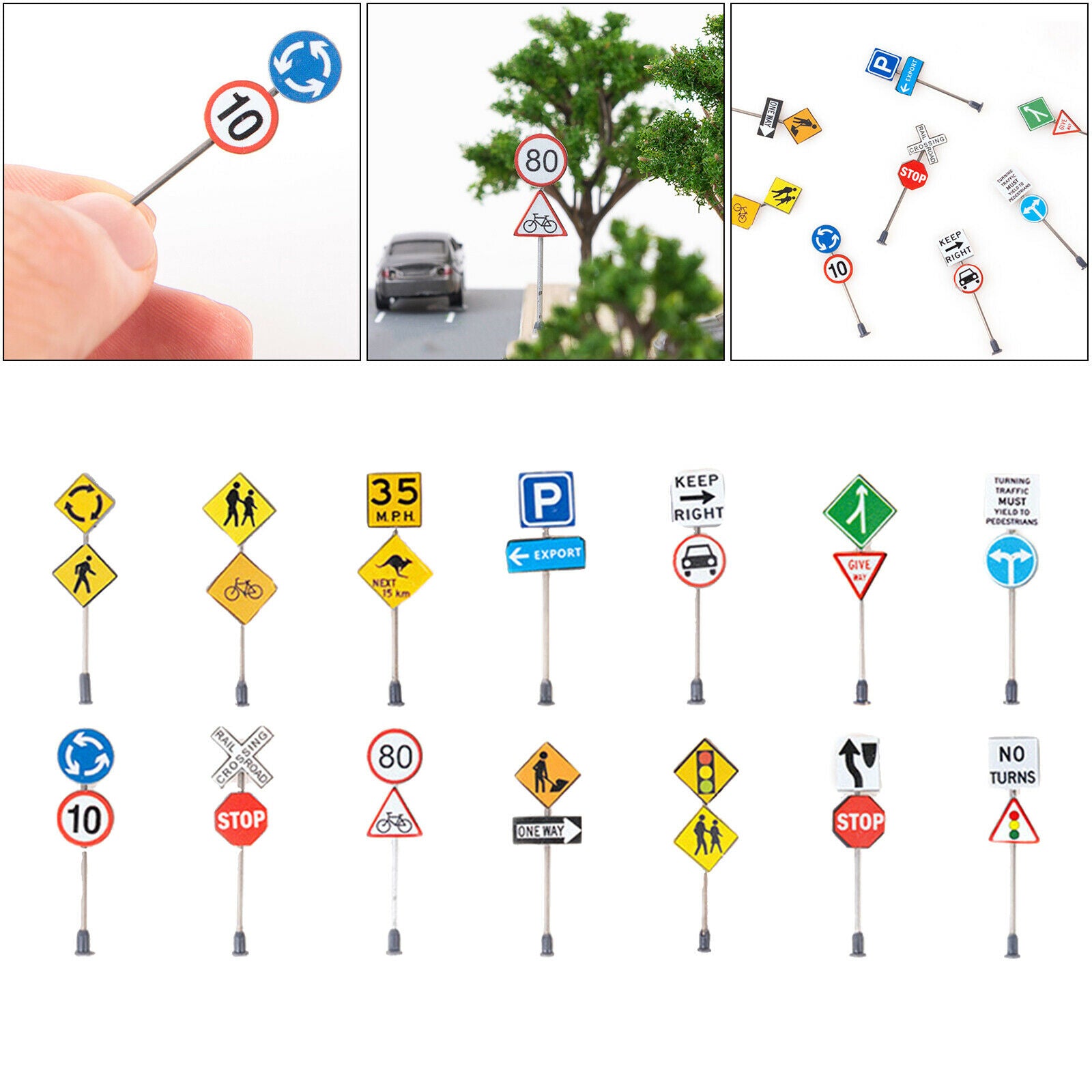14pcs 1/87 Traffic Signs Micro Landscape Road Signs Architectural Accs