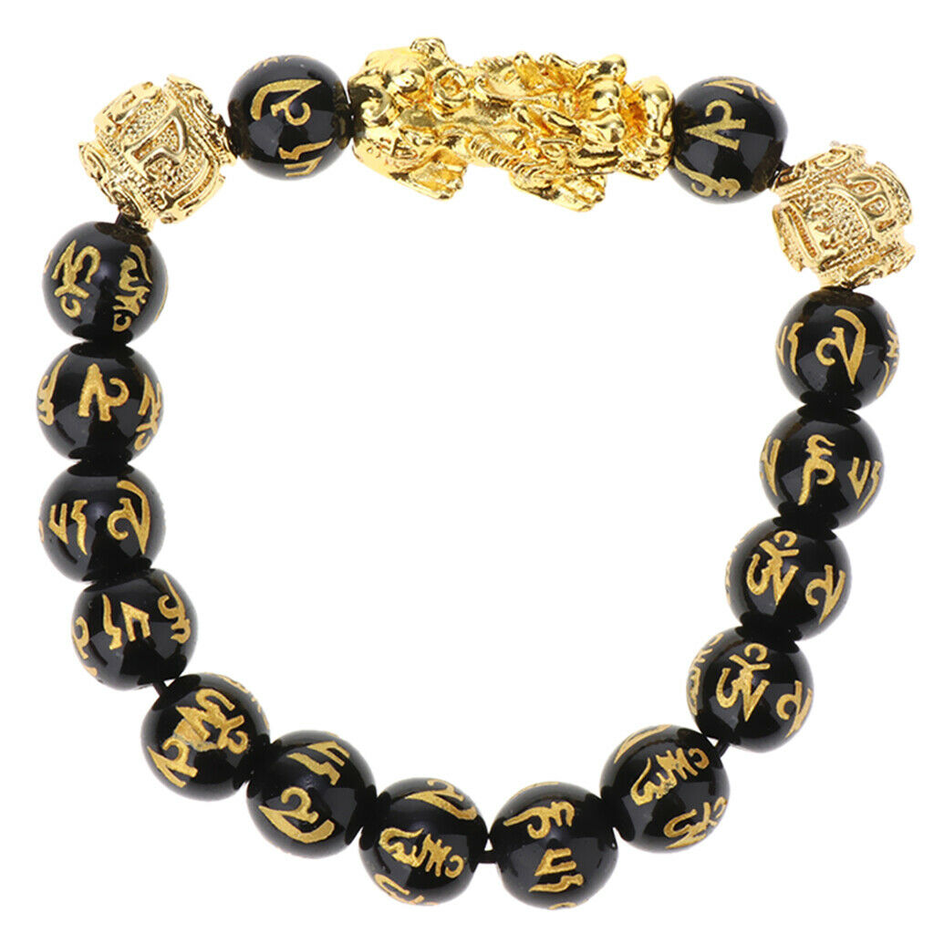 2Pcs 10mm 12mm Beads Golden PI xiu Bracelet Six Words of Truth Bead Obsidian