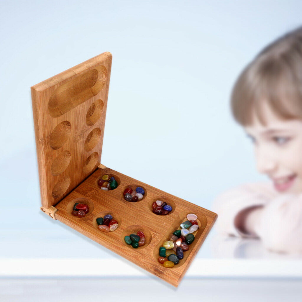 Portable Mancala Board Game for Kids Stones Wood Folding Board Easy to Carry
