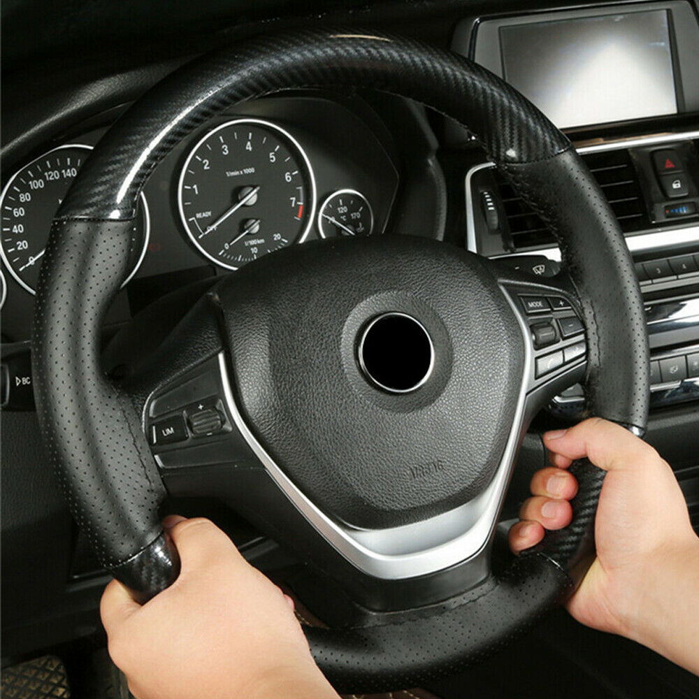 Universal Car Steering Wheel Cover Trim Black Carbon Fiber & Leather DIY Sewing