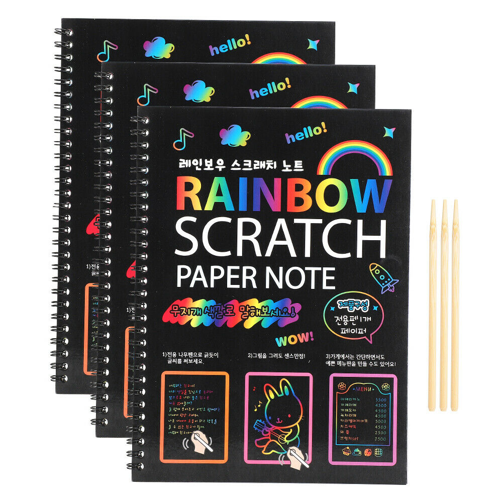 3Pcs Scratch Notes Books Set Scratch Doodle Art Rainbow Paper Card Wooden Pen