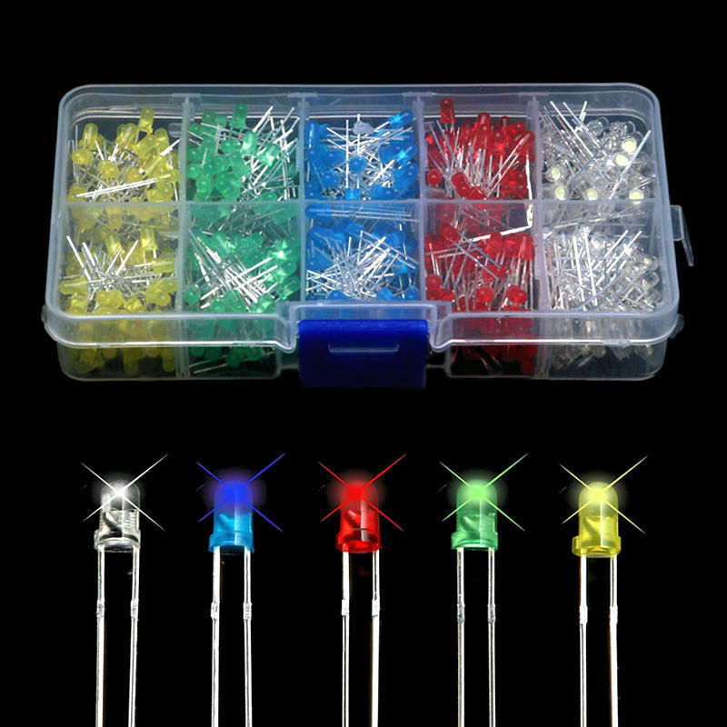 New 500Pcs 3mm LED Light White Yellow Red Blue Green Assortment Diodes DIY Kit