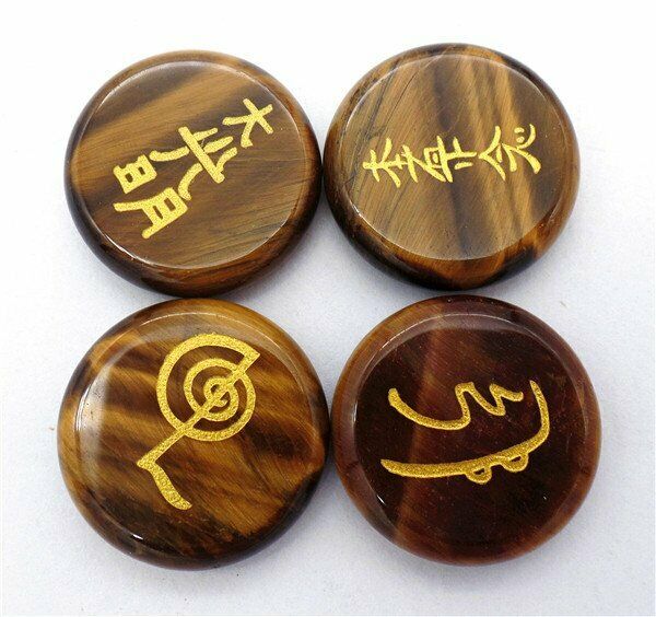 4Pcs 25x6mm Natural Tiger Eye Gem 7 Chakra Symbol Healing Reiki Stone Set HH7687