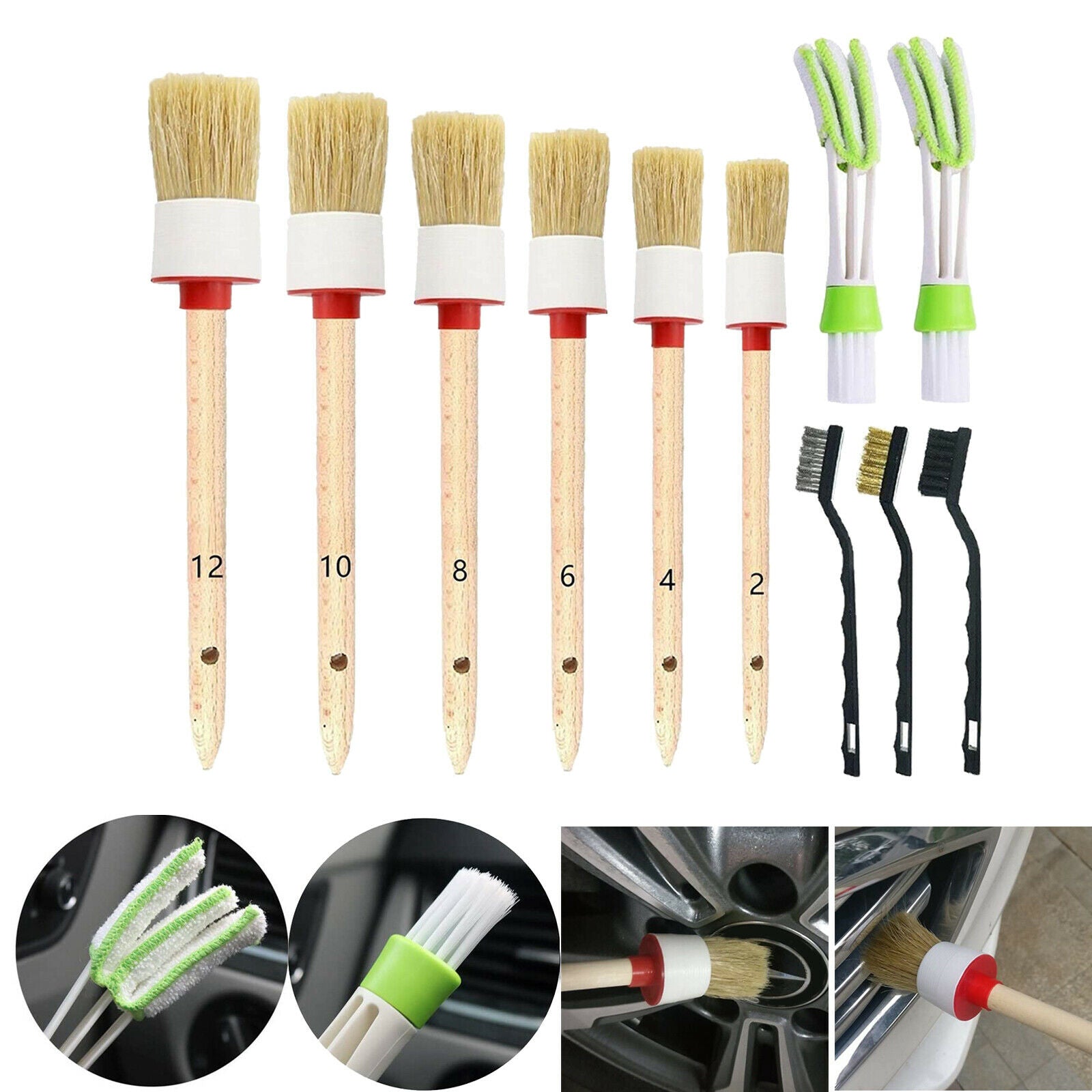 11X Professional Car Interior Detailing Brush Kit Boar Hair Cleaning Tool