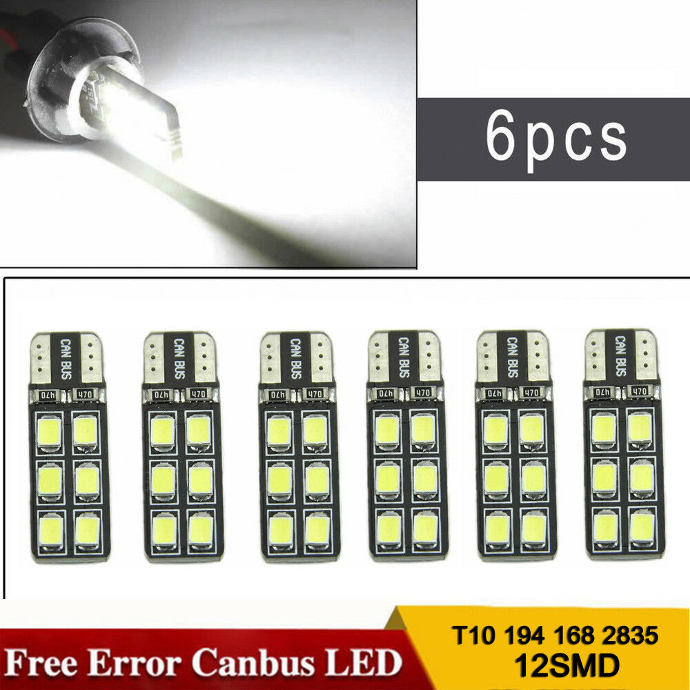6pcs T10 194 168 2835 12SMD Car LED Canbus Error Free Door Map Light Bulb White