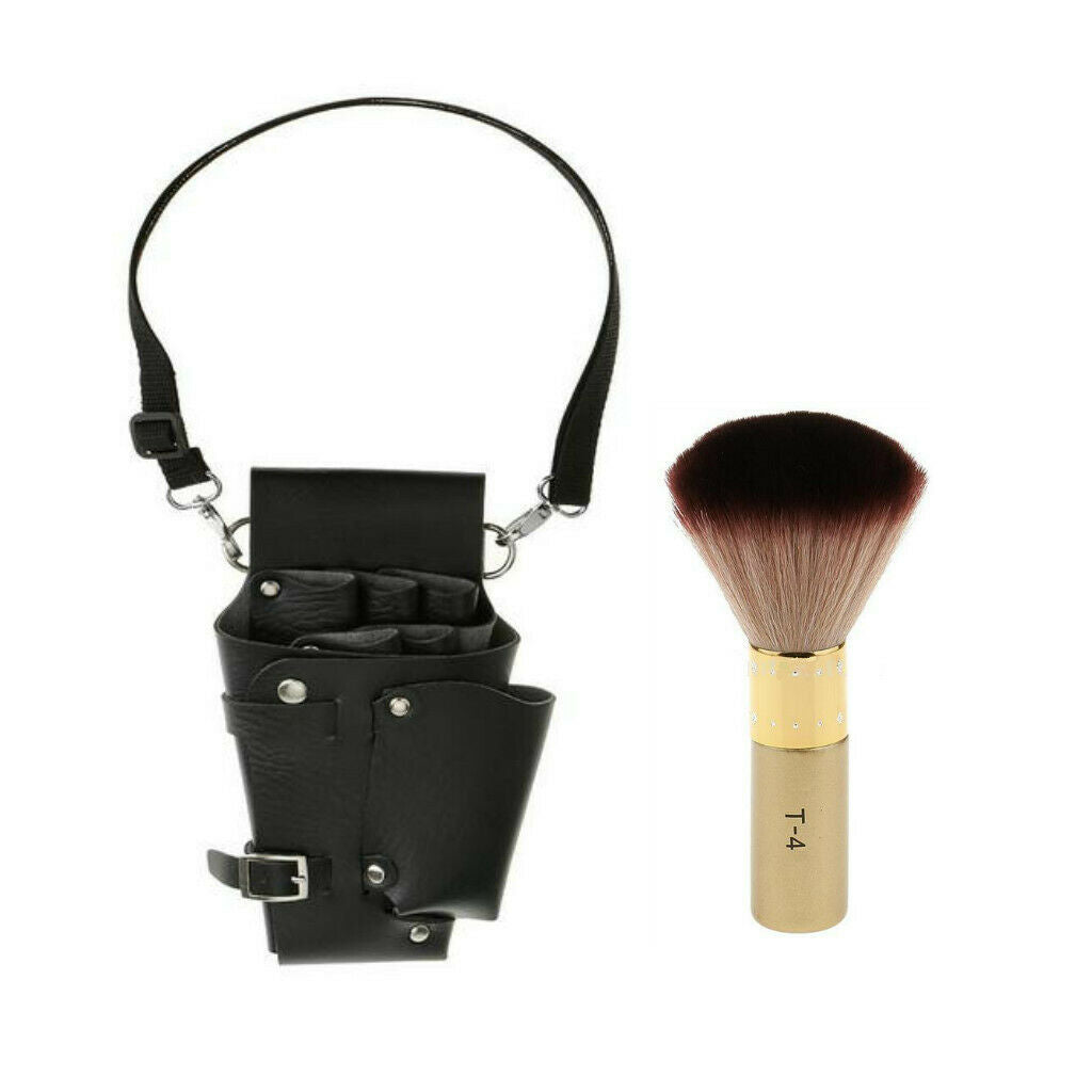 Leather Hairdressing Scissors Combs Bag Barber Holster + Neck Duster Brush