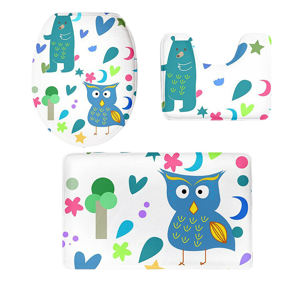 3PCS Owl Series Bathroom Toilet Covers Set Flannel Mats Bathroom Rug 5