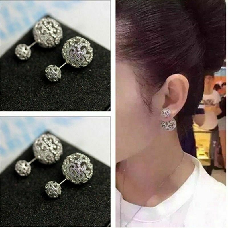 Women Hollow Stud Double Sided Earrings Front Back Earrings Jewelry Double Ball