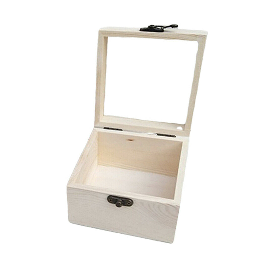 Wood Box Unpainted Hinged Jewelry Display Box Gift Packing Box Glass Lid 5#
