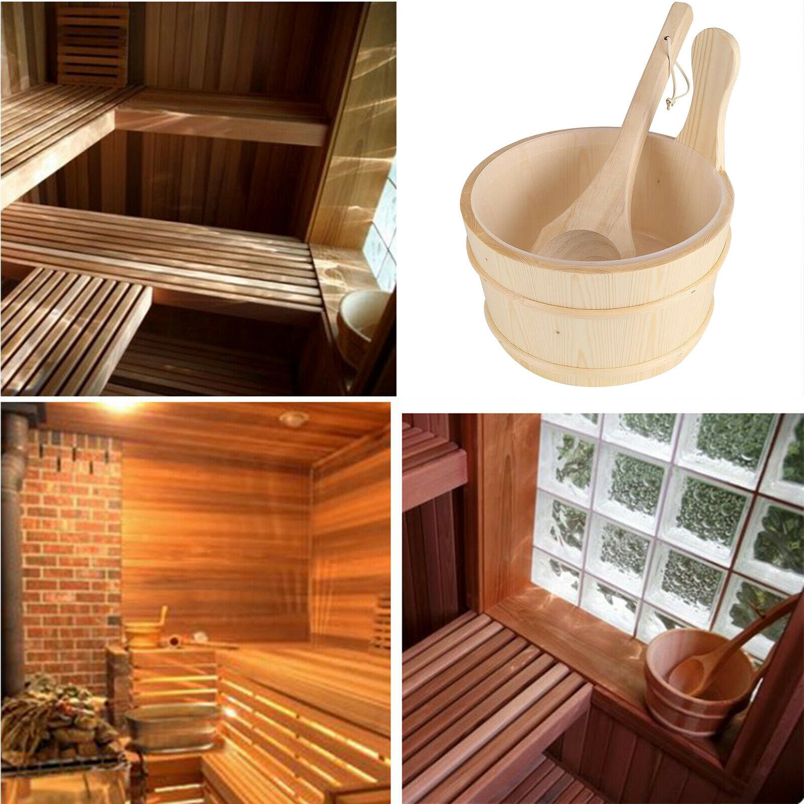 4L Wood Sauna Bucket and Ladle with Liner SPA Accessory Sauna Steaming