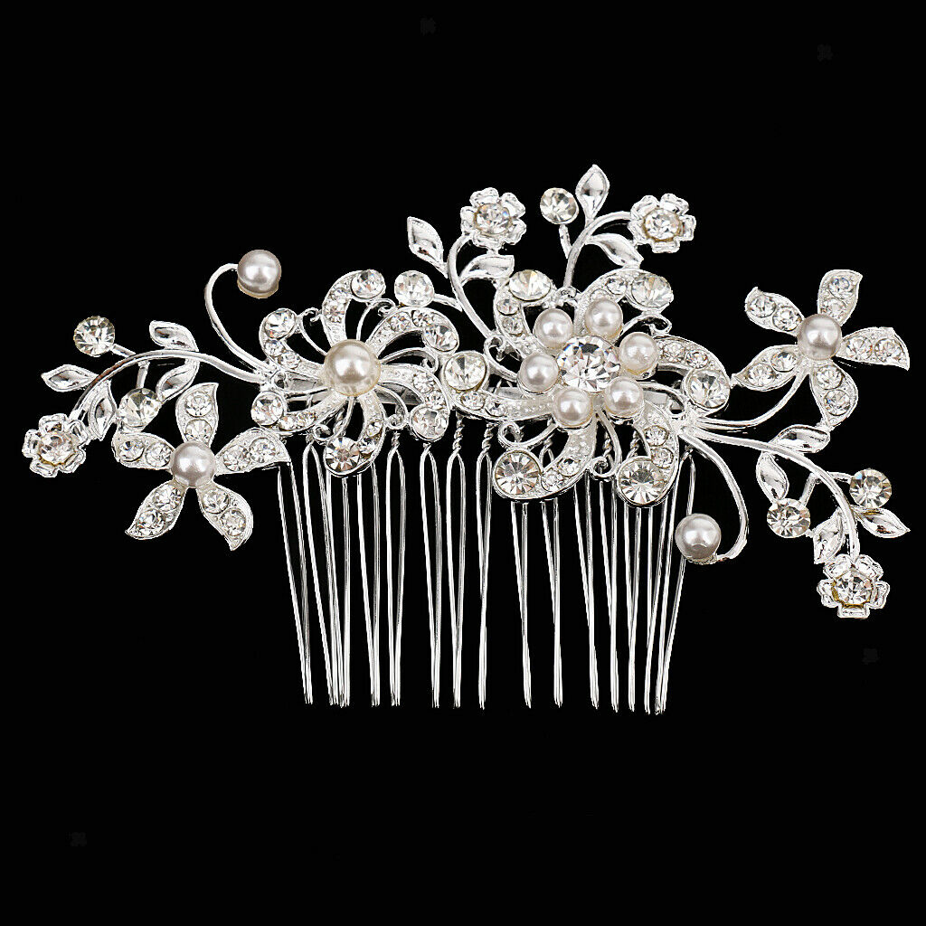 Women Bridal Wedding Flower Crystal Rhinestones Pearls Hair Clip Comb