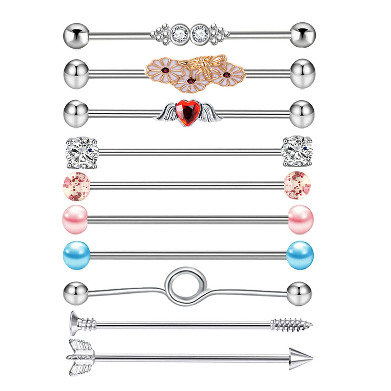 10Pcs Industrial Barbell Earrings Studs Lip Rings Labret for Women Men