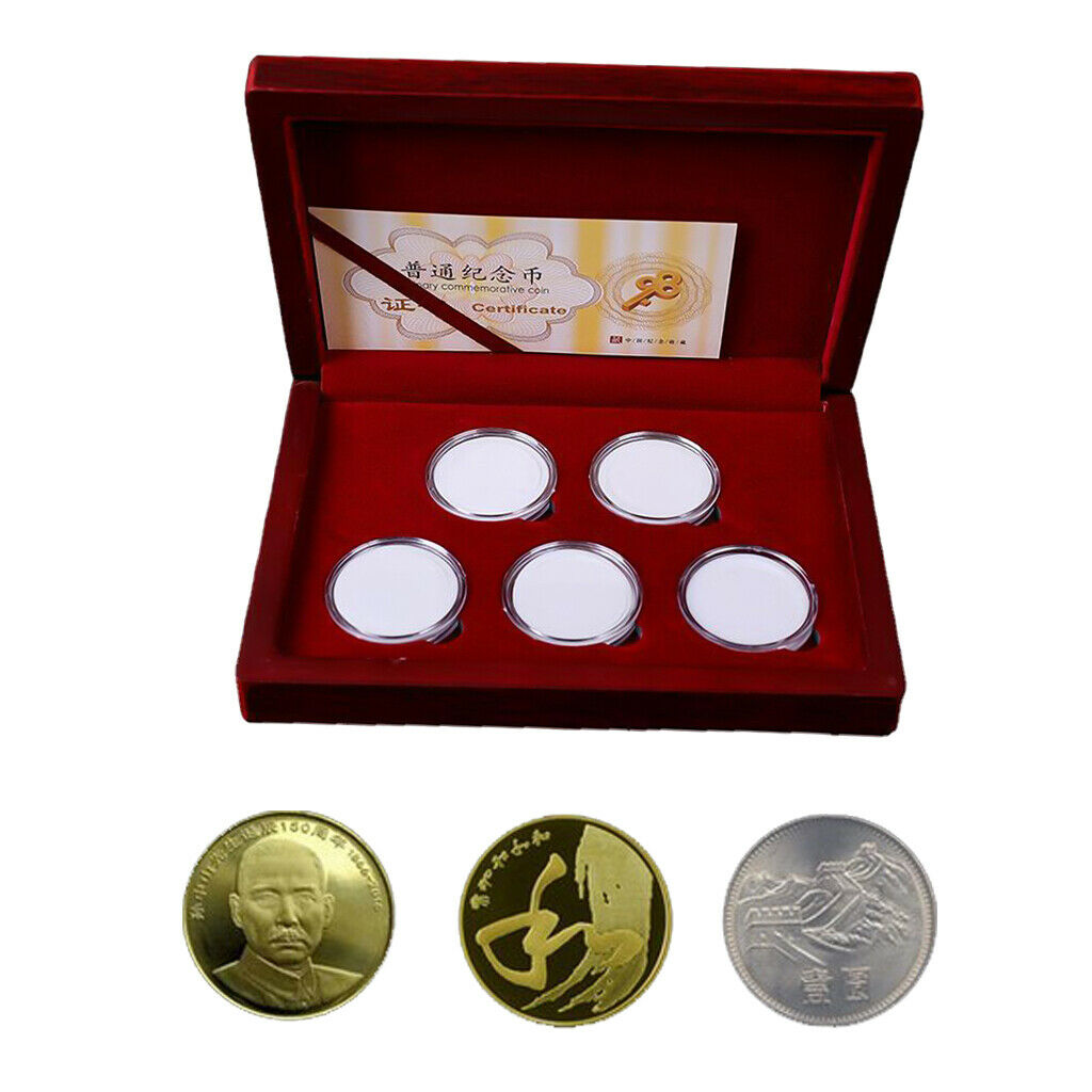Coin Holder Display Box Wooden for 25mm/27mm/30mm Coins/Medals 5pcs Storage