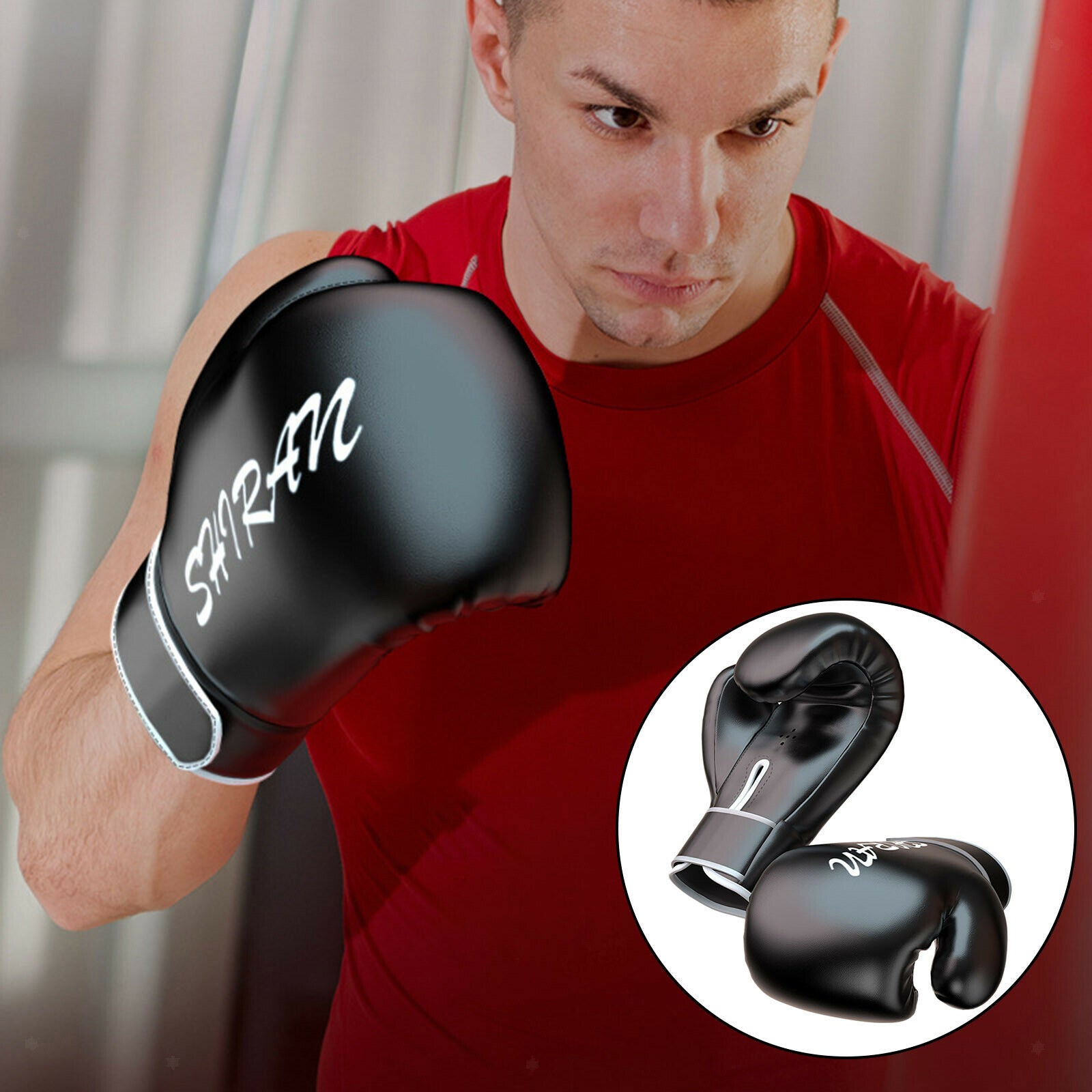 2X Boxing Gloves Sparring PU Leather Kickboxing Punching Bag Mitts 8oz_Black