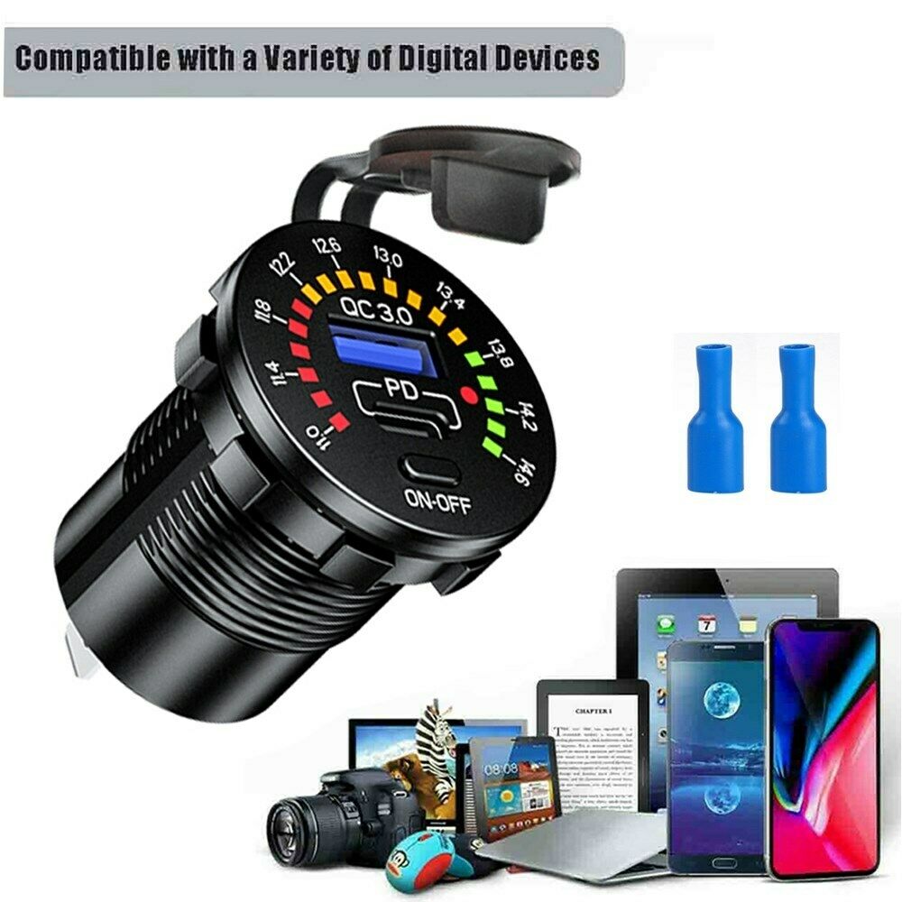 QC3.0 + PD Car Boat Charger Socket Power Outlet LED Voltmeter Waterproof