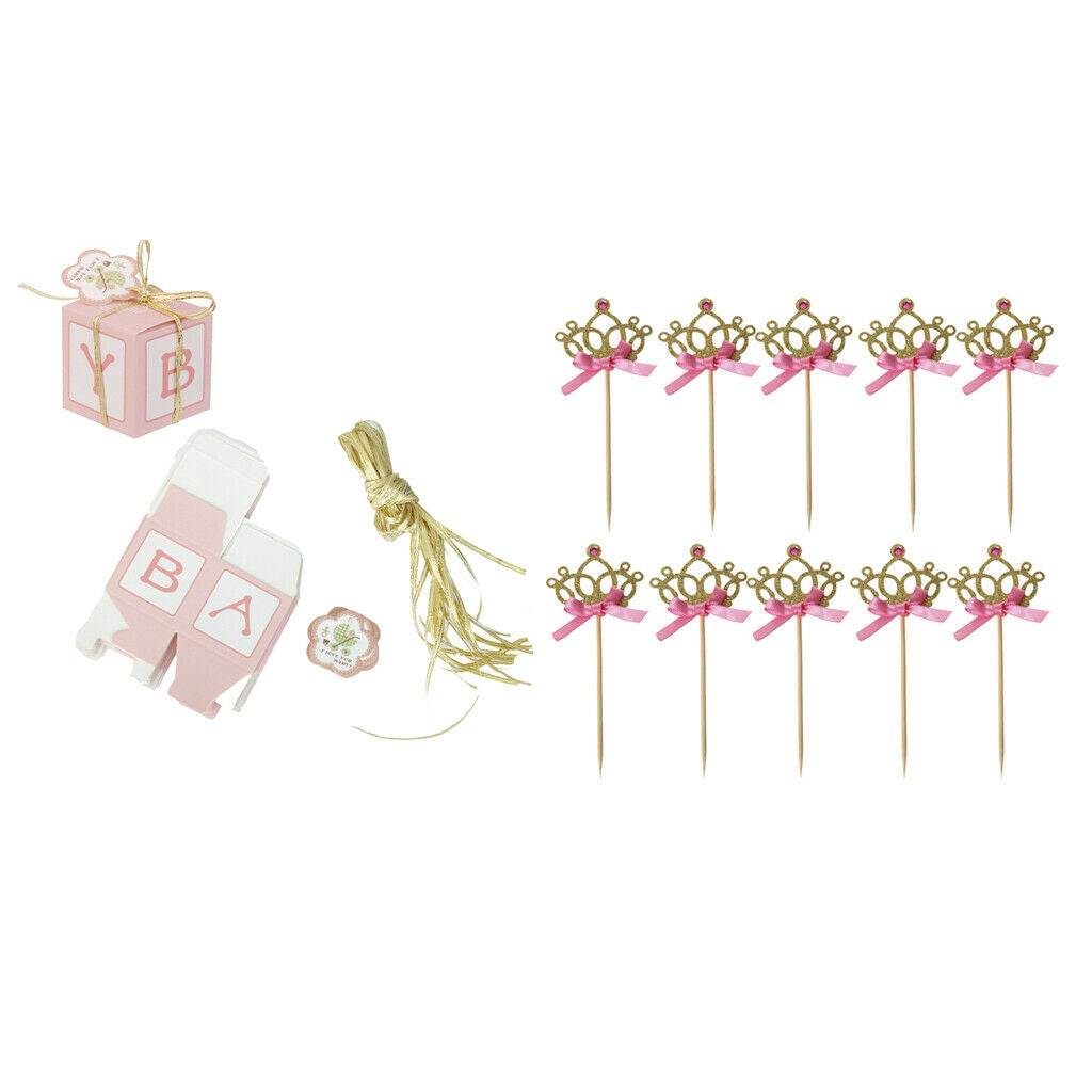 12xPink Paper Candy Gift Boxes Baby Shower Favors+20xCrown Cake Topper Picks