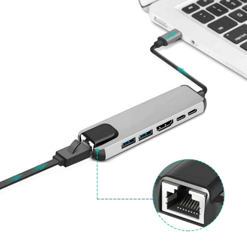 6 in 1 USB Hub Type C to Multi USB 3.0 HDMI 1000Mbps RJ45 Adapter Splitter G TL