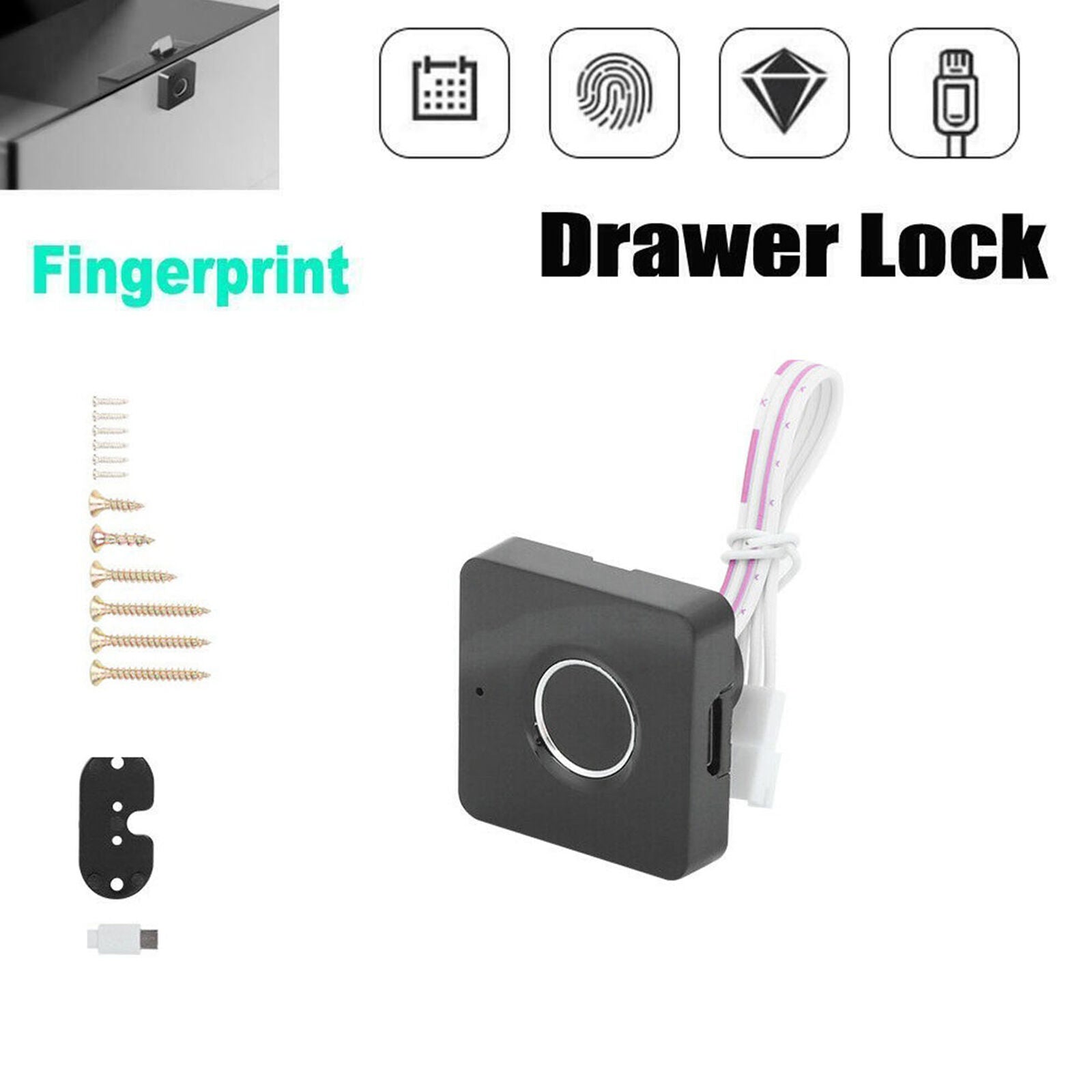 Smart Biometric Fingerprint Padlock Keyless File Cabinet Drawer Anti-theft Lock