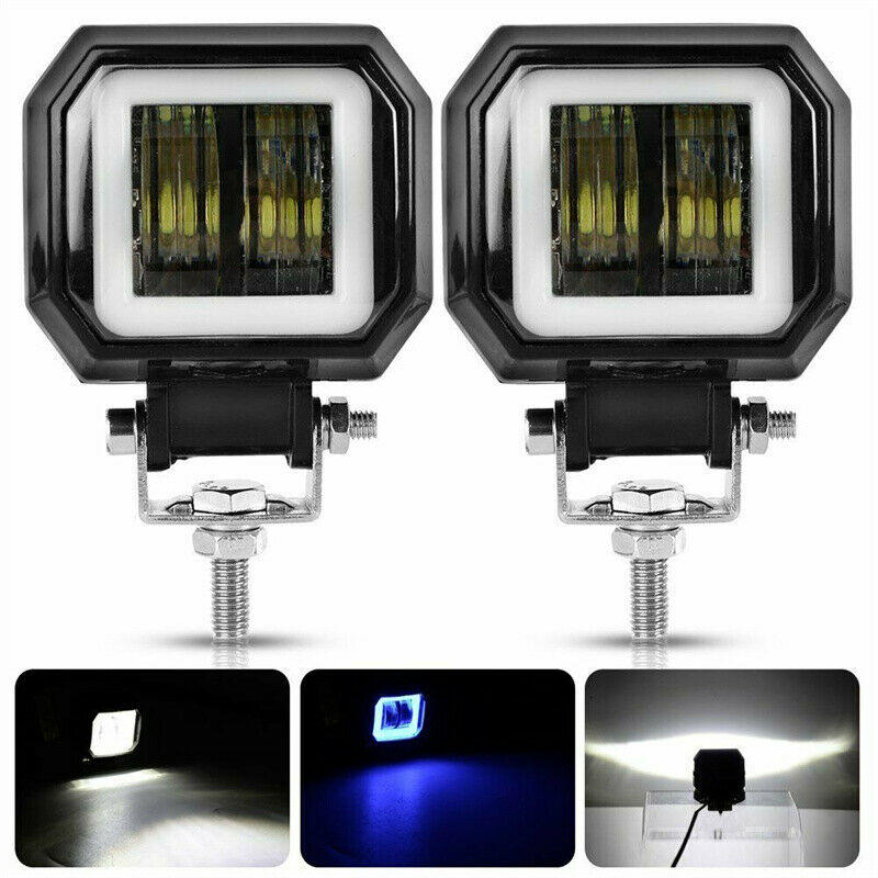 Universal 3" Suqare Motorcycle Headlight Projector Blue LED DRL Back Up Lights
