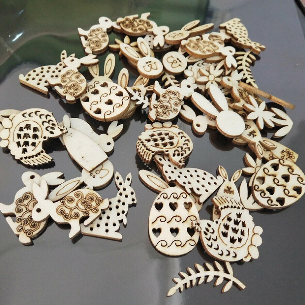 50PCS Easter Hanging Ornaments DIY Wooden Craft Home Decorations Party Supplies