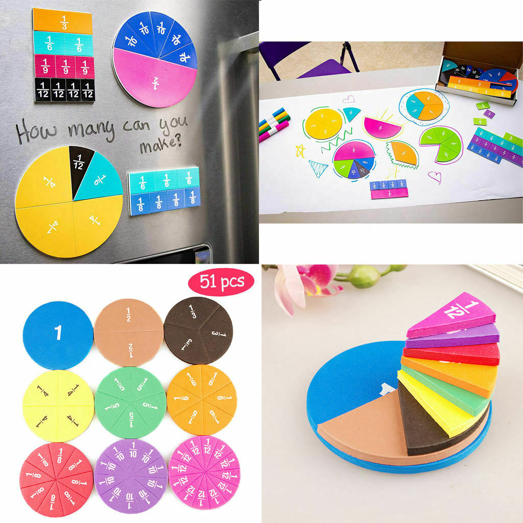 51pcs Rainbow Round Fractions Tiles Counting Children Kids Early Educational