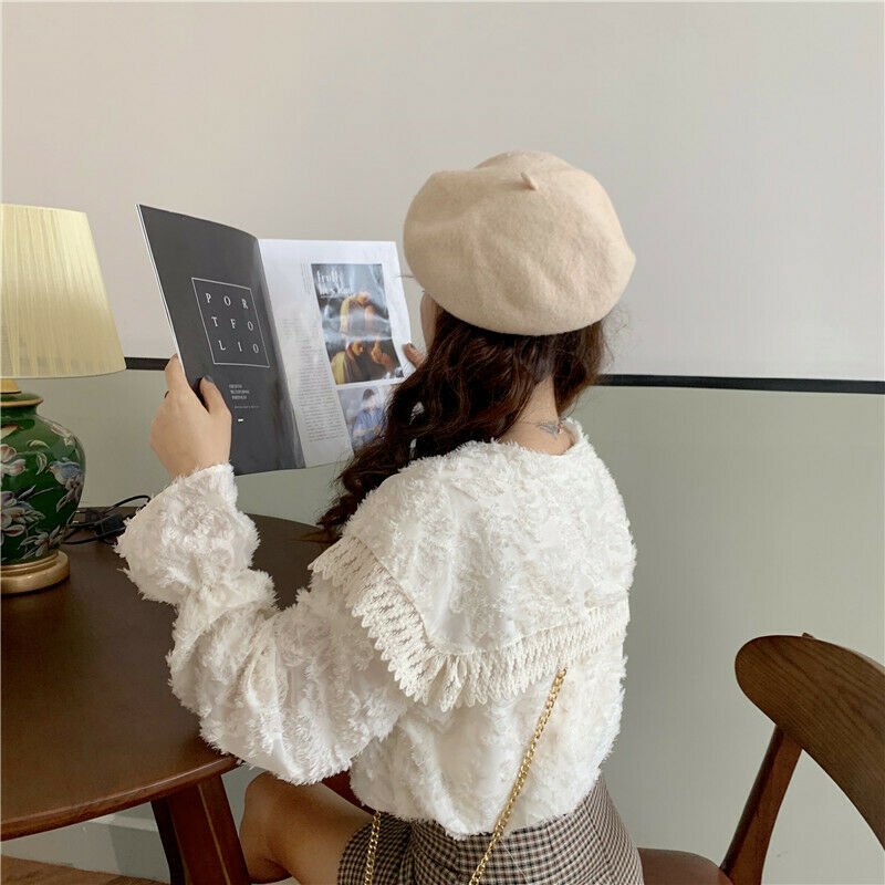 Girls Lolita Shirt Tops Embroidered Blouse Button Long Puff Sleeve Shawl Collar