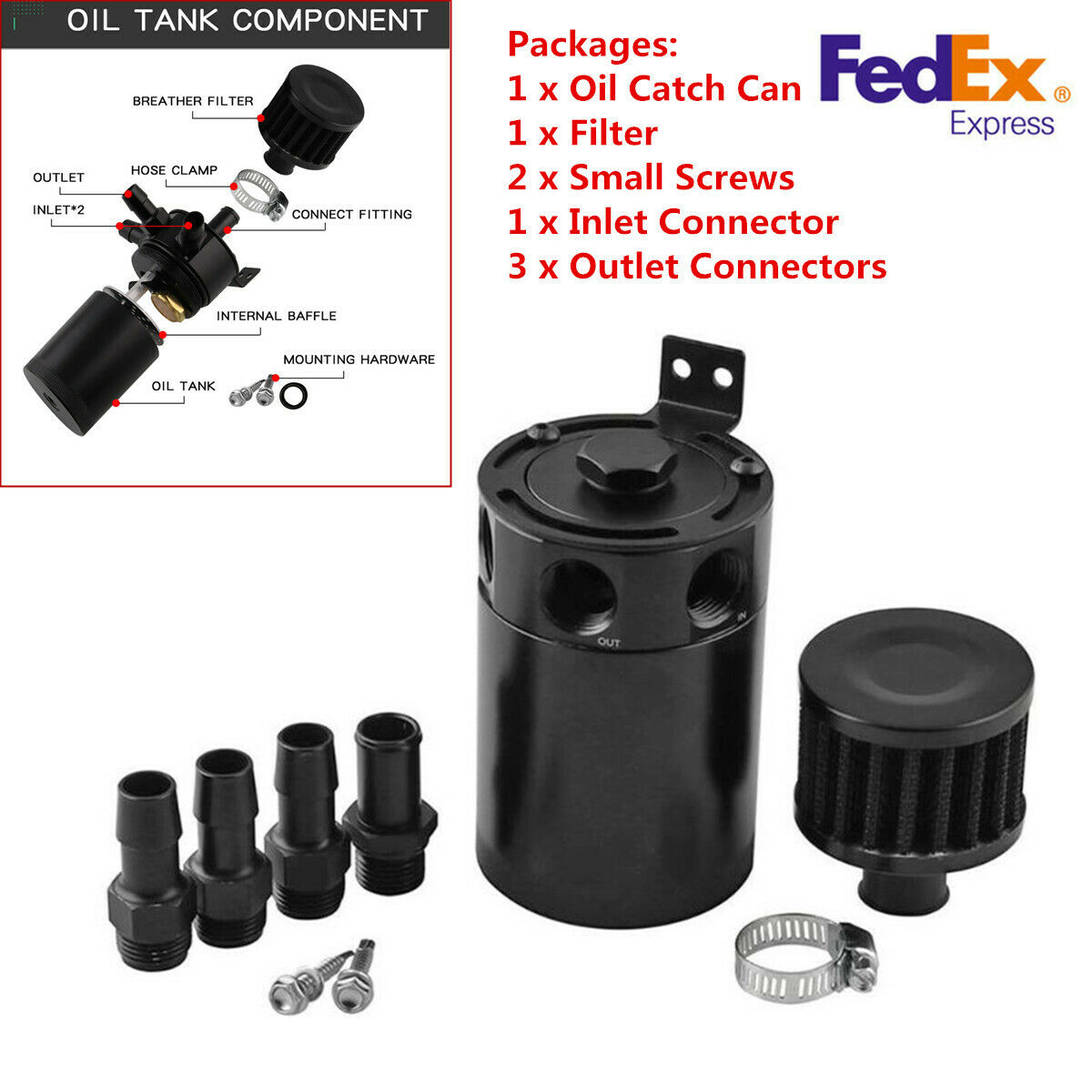 Oil Reservoir Catch Can Tank with Filter Drain Valve Breather Universal 3-Port