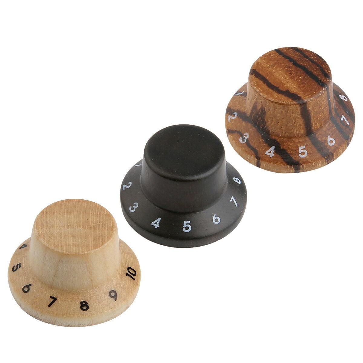 2x Zebra Wood Strat Style Bell Knobs Guitar Bass Top Hat Knob 1-10