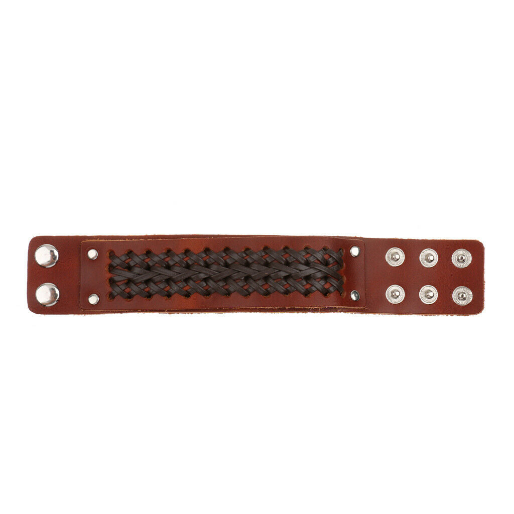 Brown Punk Braided Mens Wide Leather Wristband Snap Buttons Bangle Bracelet